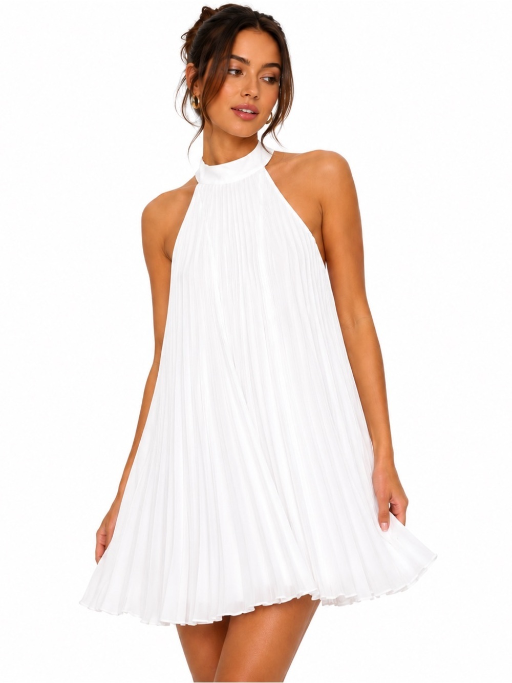 Alice + Olivia AVIANA pleated halter mini dress in white